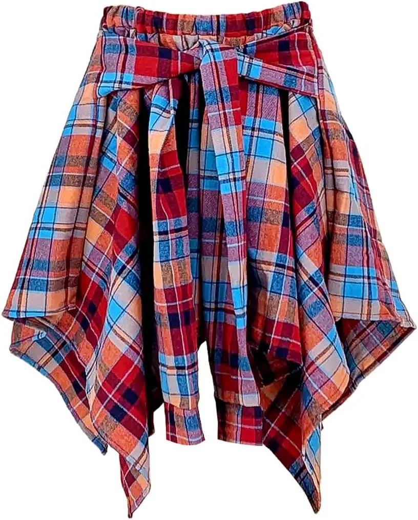 ALLUMK Women Casual Plaid Print Irregular Hem Mini Skirts High Waist A-Line Skirts with Belt