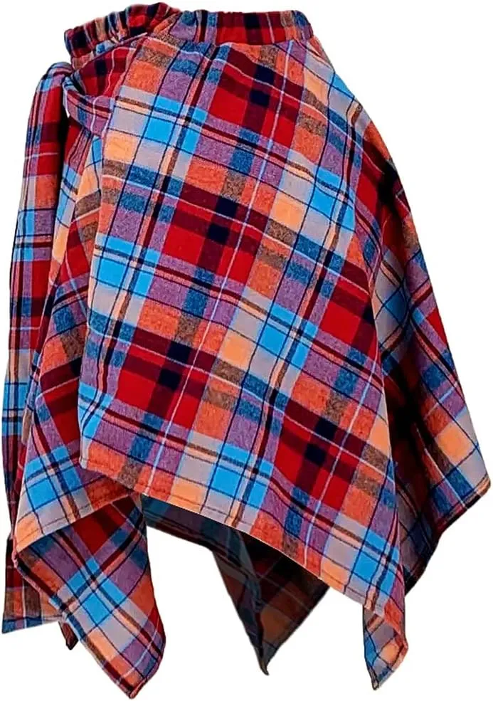 ALLUMK Women Casual Plaid Print Irregular Hem Mini Skirts High Waist A-Line Skirts with Belt