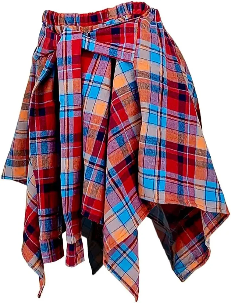 ALLUMK Women Casual Plaid Print Irregular Hem Mini Skirts High Waist A-Line Skirts with Belt
