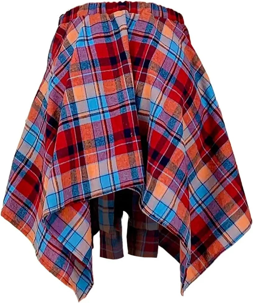 ALLUMK Women Casual Plaid Print Irregular Hem Mini Skirts High Waist A-Line Skirts with Belt
