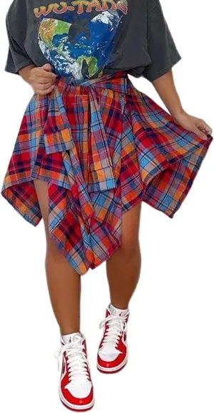 ALLUMK Women Casual Plaid Print Irregular Hem Mini Skirts High Waist A-Line Skirts with Belt
