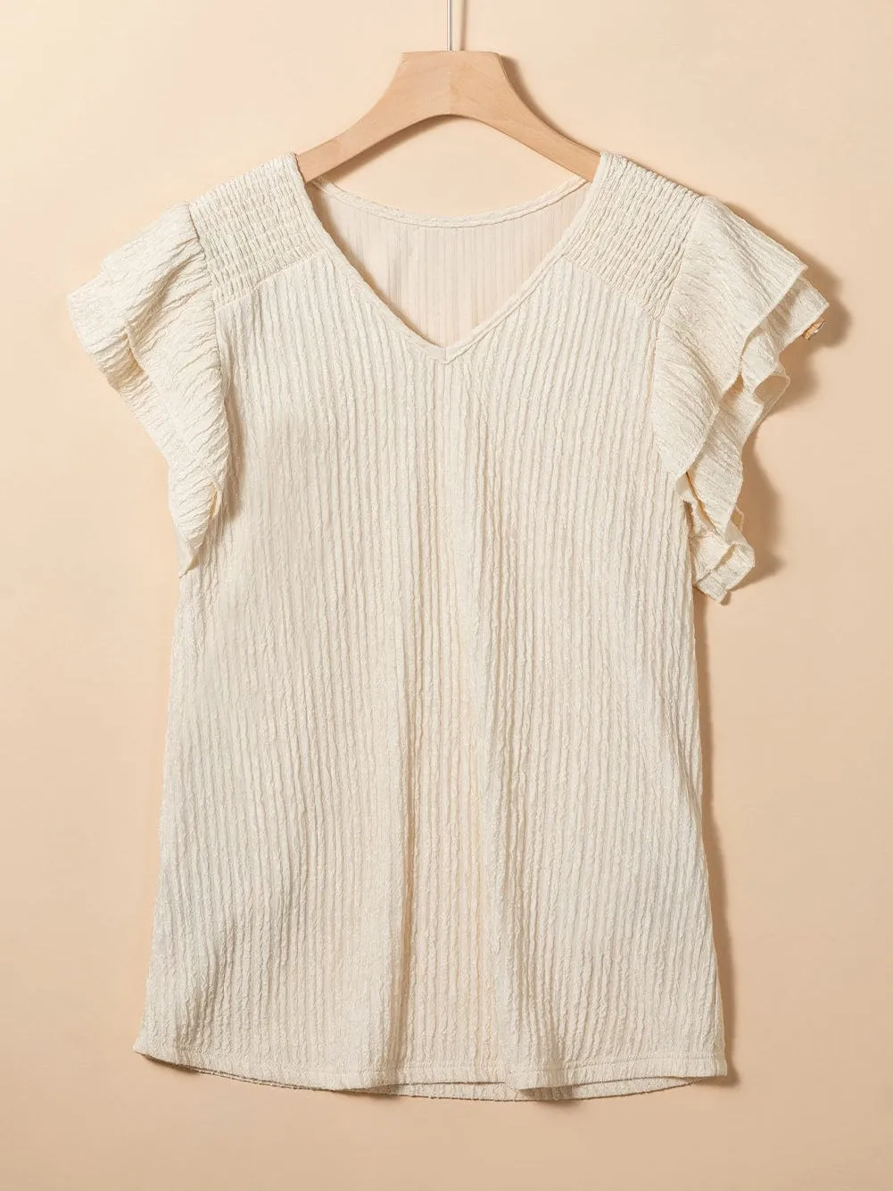 Apricot Crinkle Textured V Neck Ruffle Sleeve Blouse