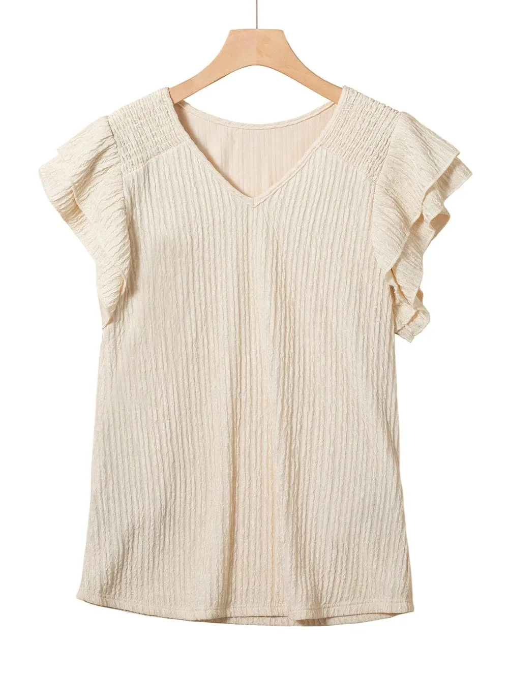 Apricot Crinkle Textured V Neck Ruffle Sleeve Blouse