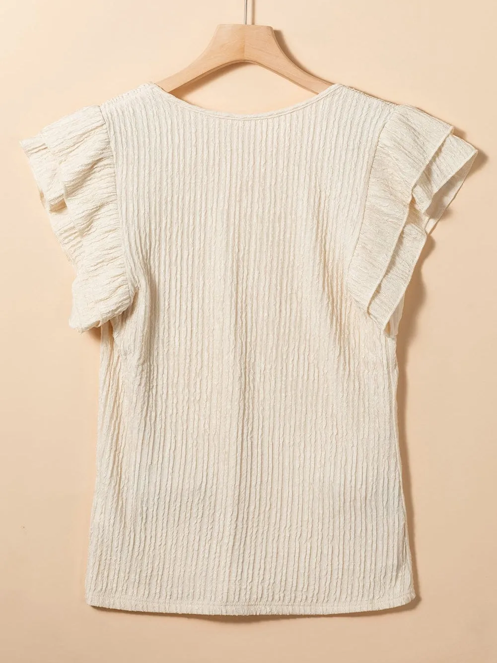Apricot Crinkle Textured V Neck Ruffle Sleeve Blouse