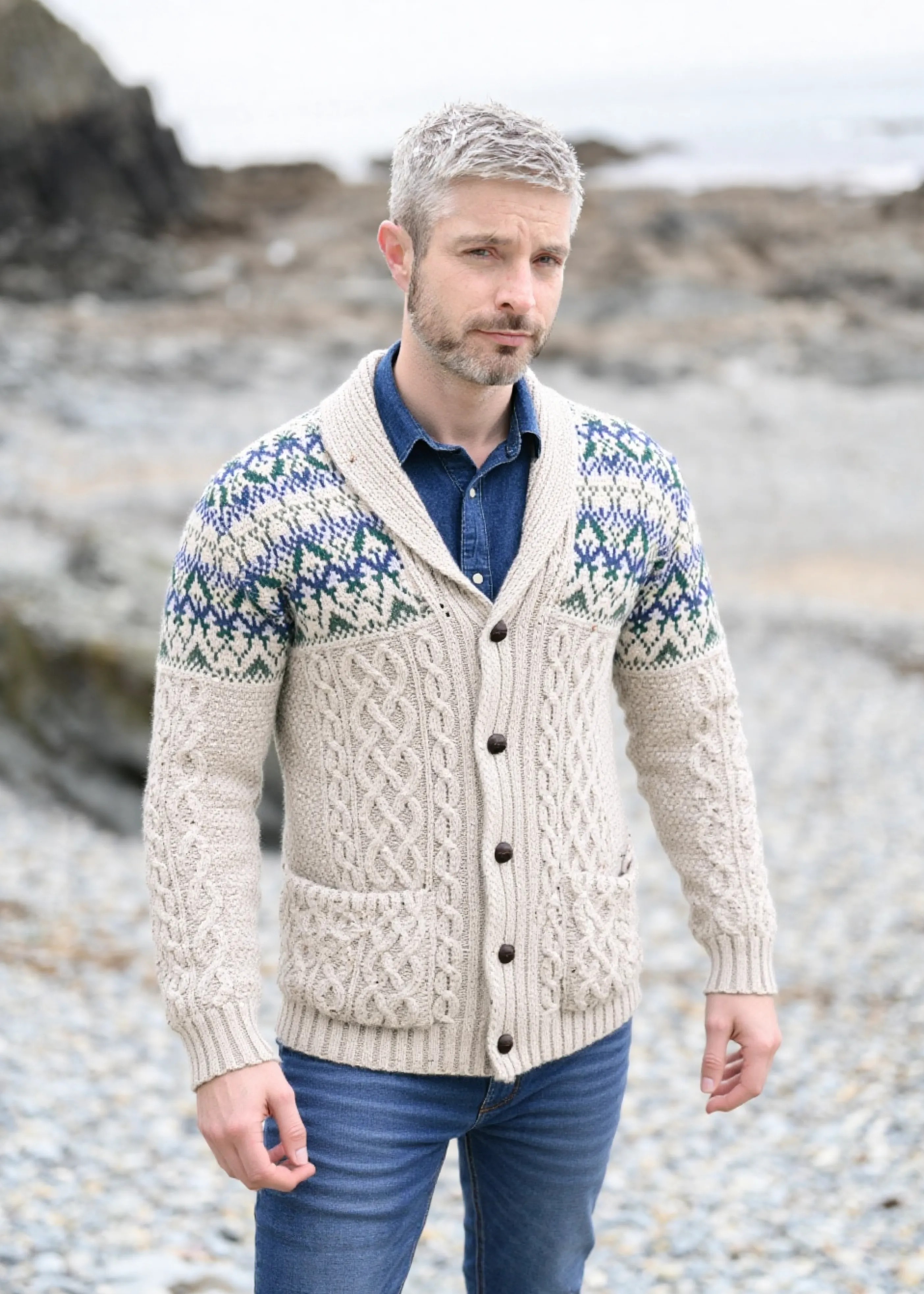 Aran Fairisle Button Cardigan | Oatmeal