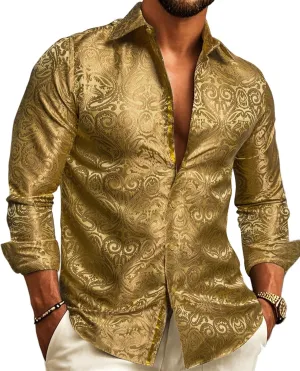 Barry.Wang Mens Casual Long Sleeve Shirts Silk Button Up Designer Paisley Formal Dress Shirt Western Mexico Cowboy Costume