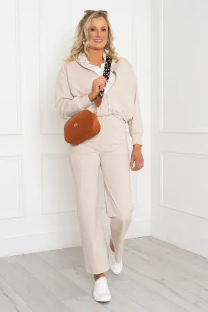 Beige Ponte Wide Leg Trousers