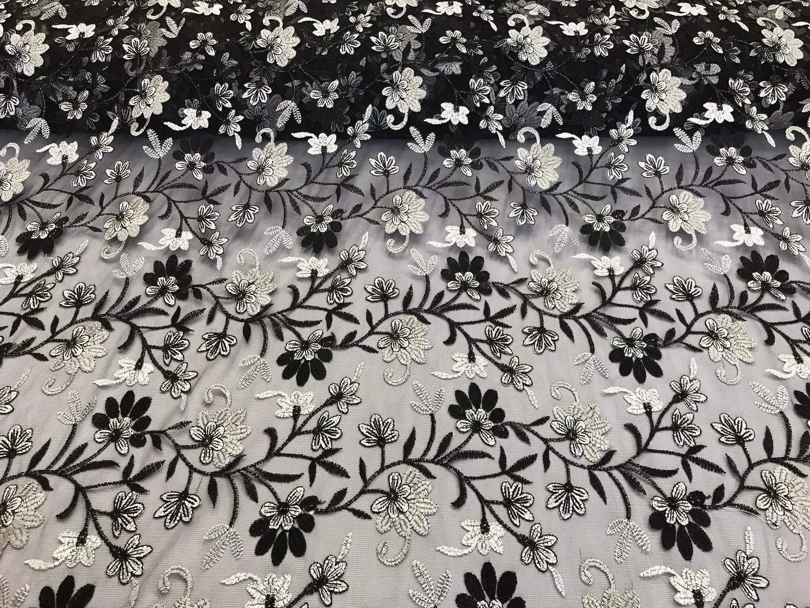 Black/gray multi color floral design embroidery on am wsh lace-dresses-apparel-fashion-prom-nightgown-sold by the yard.