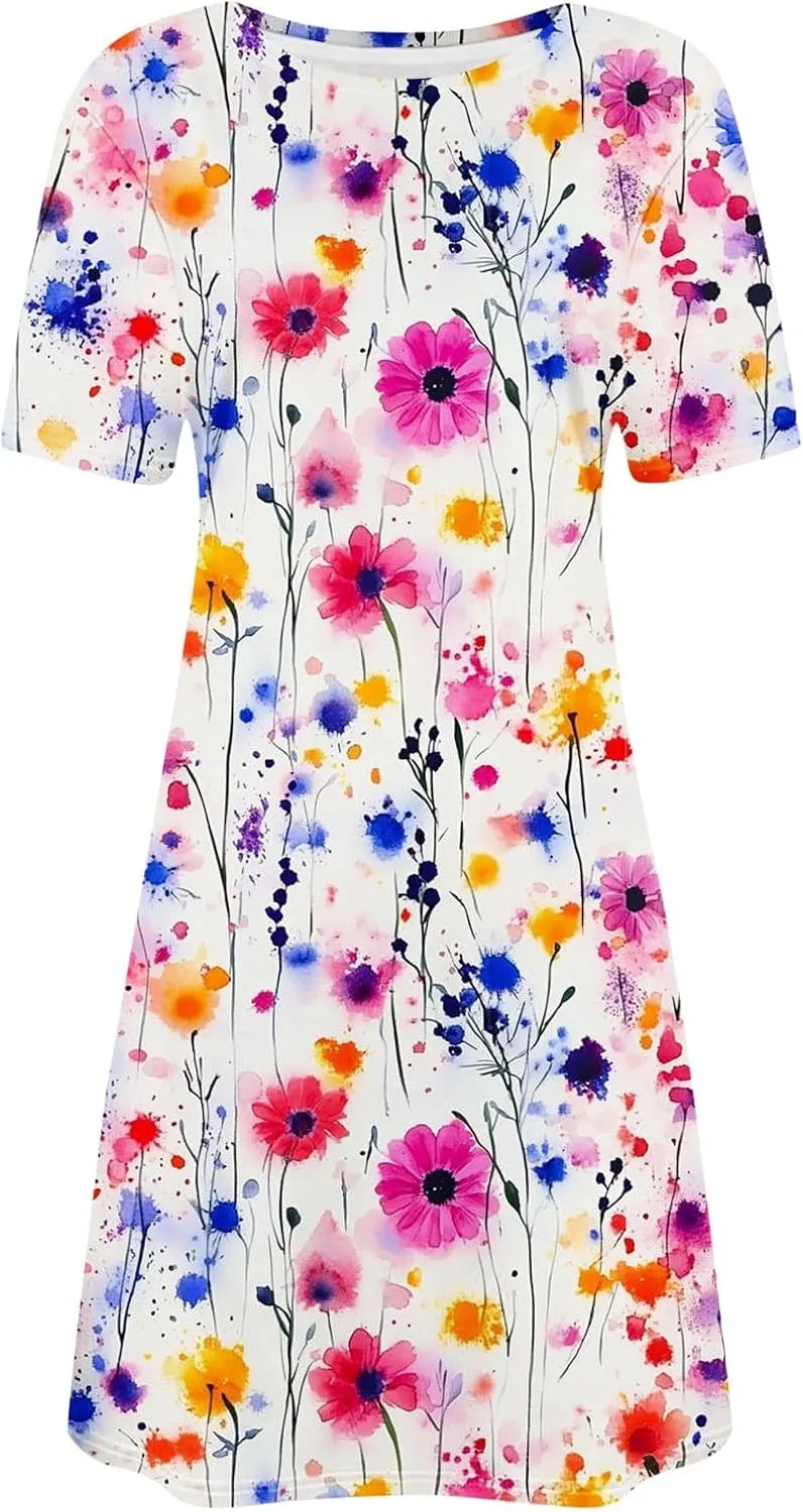 Boho Dress for Women Summer Dress Floral Casual Dresses Short Sleeve Fashion Graphic Holiday Dress for Vacation