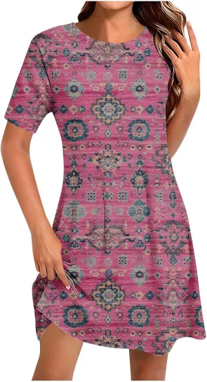 Boho Dress for Women Summer Dress Floral Casual Dresses Short Sleeve Fashion Graphic Holiday Dress for Vacation
