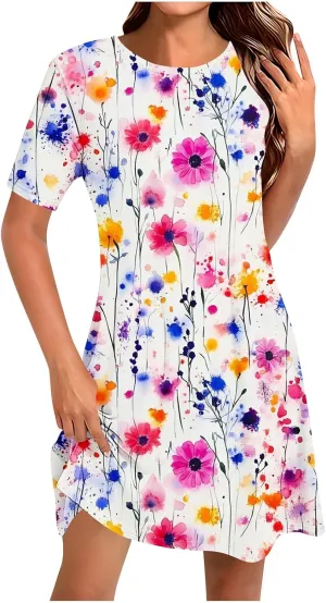 Boho Dress for Women Summer Dress Floral Casual Dresses Short Sleeve Fashion Graphic Holiday Dress for Vacation