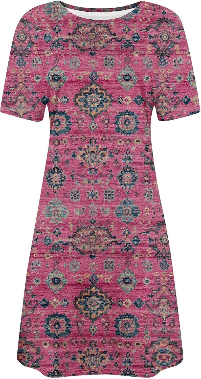 Boho Dress for Women Summer Dress Floral Casual Dresses Short Sleeve Fashion Graphic Holiday Dress for Vacation