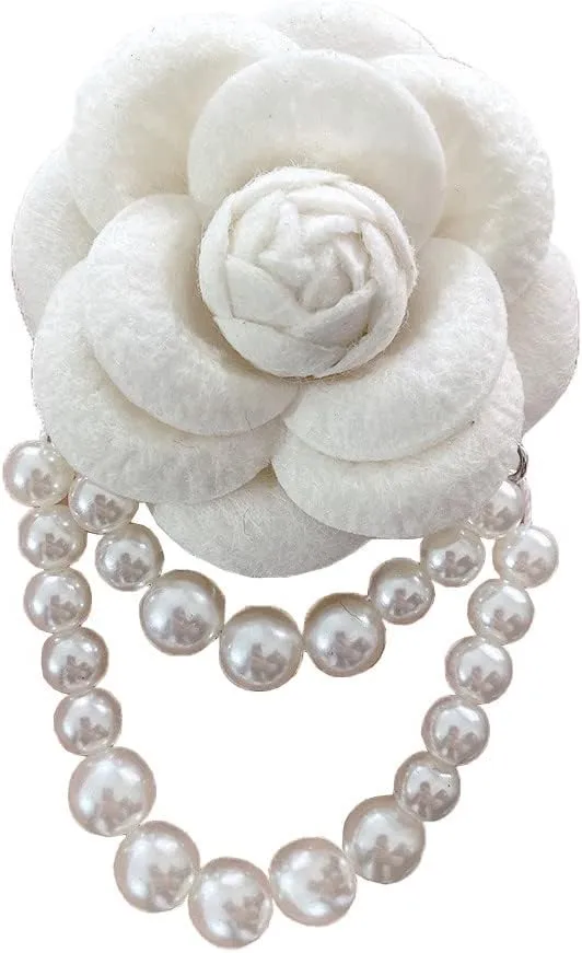 Camellia Flower Brooch Pins Pearl Tassel Corsage Jewelry Brooches for Women Shirt Collar Clothing Accessories