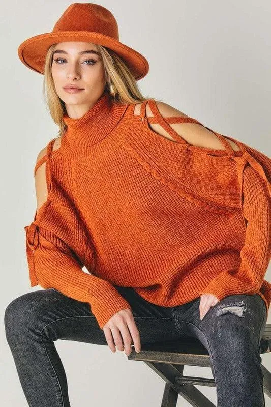 Davi & Dani Solid Turtleneck Cutout Long Sleeve Sweater