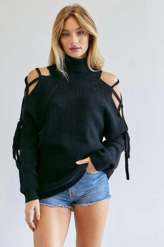 Davi & Dani Solid Turtleneck Cutout Long Sleeve Sweater