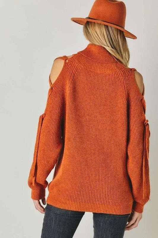 Davi & Dani Solid Turtleneck Cutout Long Sleeve Sweater