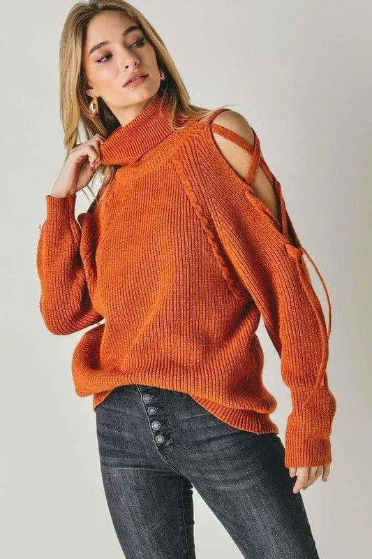 Davi & Dani Solid Turtleneck Cutout Long Sleeve Sweater