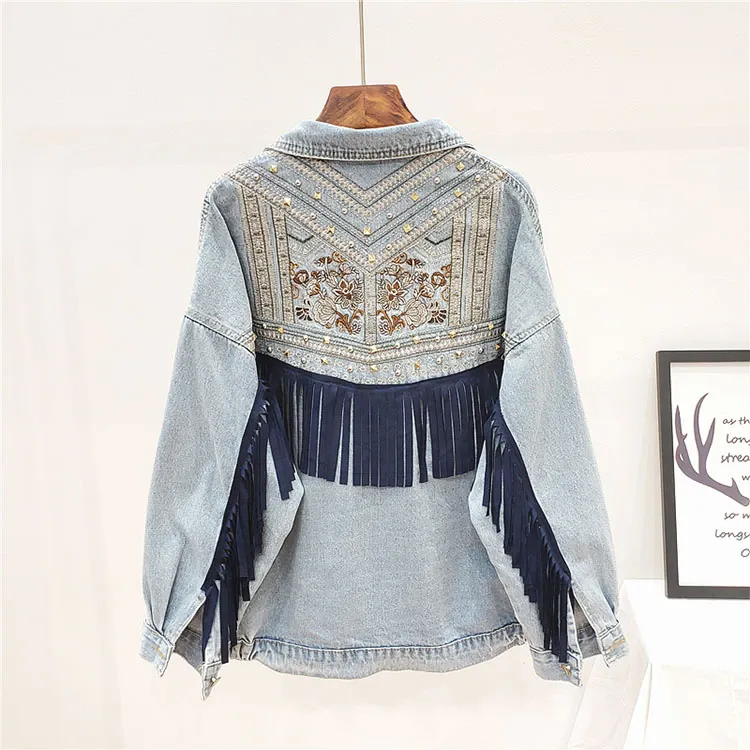 Denim Jacket Spring Bead Flowers Tassel