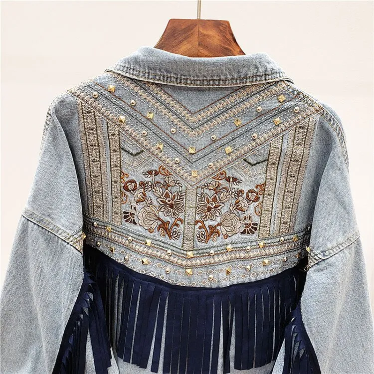 Denim Jacket Spring Bead Flowers Tassel