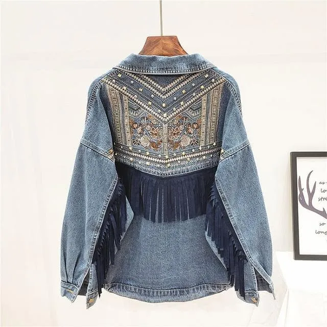 Denim Jacket Spring Bead Flowers Tassel