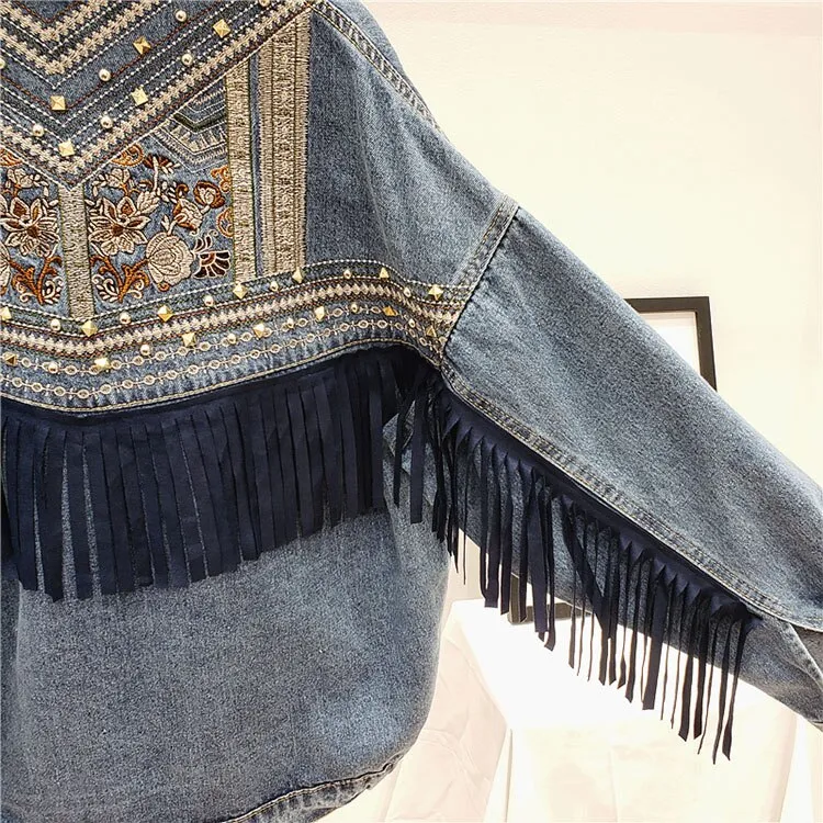 Denim Jacket Spring Bead Flowers Tassel