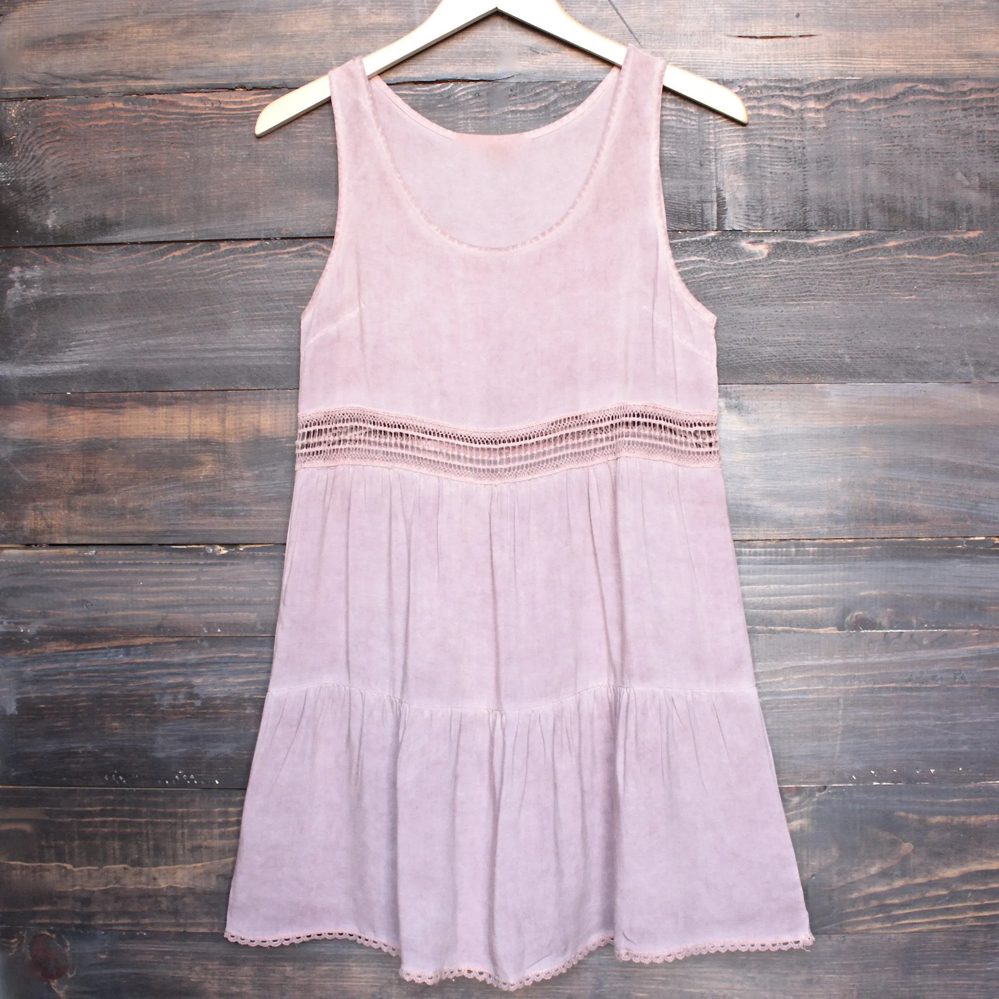 Final Sale - Boho Acid Wash Flowy Tunic Dress with Crochet Inset in Pink