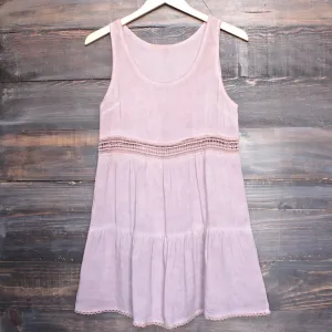 Final Sale - Boho Acid Wash Flowy Tunic Dress with Crochet Inset in Pink