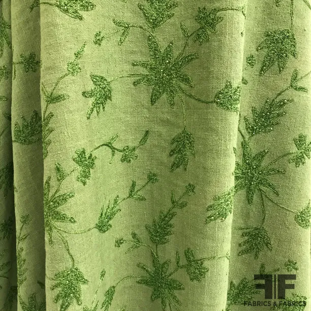 Floral Embroidered Sequin Silk Noile - Green