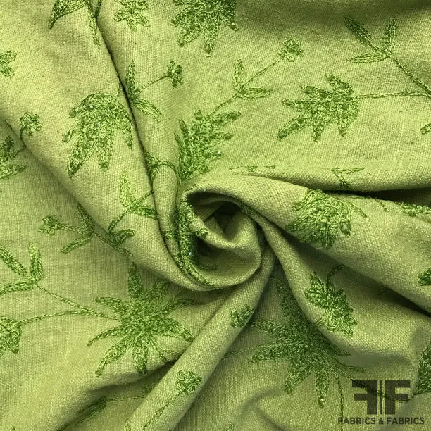 Floral Embroidered Sequin Silk Noile - Green