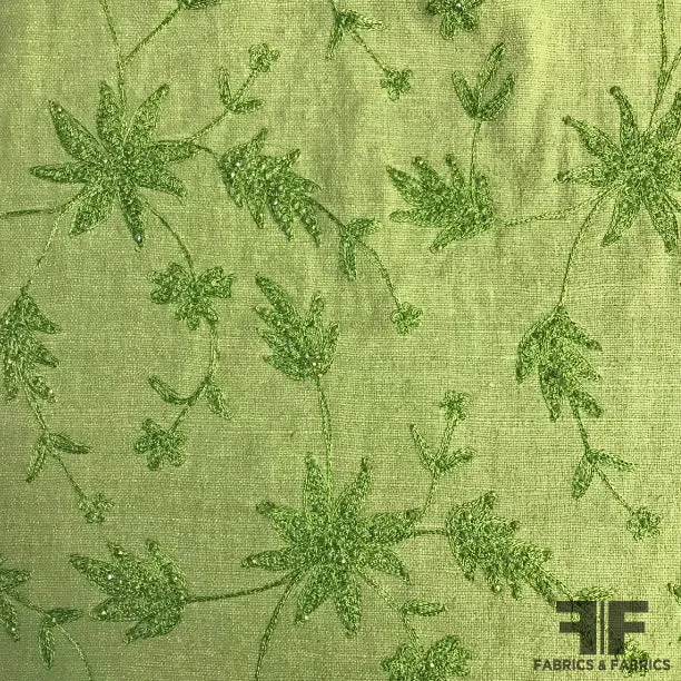 Floral Embroidered Sequin Silk Noile - Green