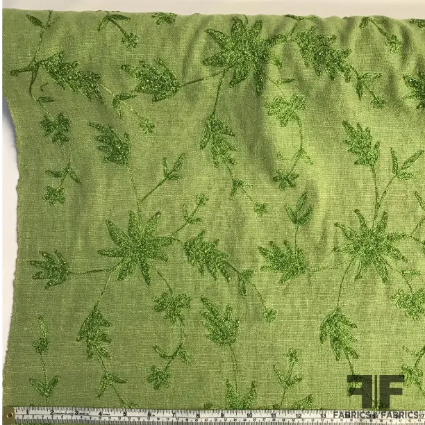 Floral Embroidered Sequin Silk Noile - Green