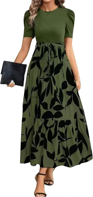 Floral Maxi Dresses for Women Puff Sleeve Tiered Sundress Elegant Tie Waist Work Dress Summer Casual Vacation Dress