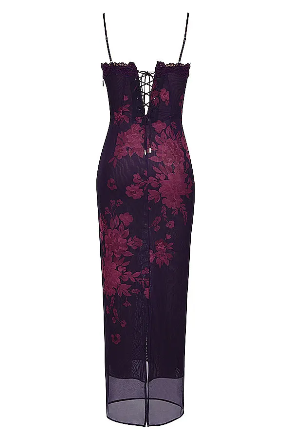 Flytonn- Aiza Grape Floral Print Maxi Dress