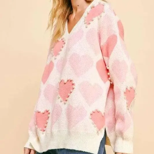Gentle | Heart Pearl Side Slit V Neck Sweater