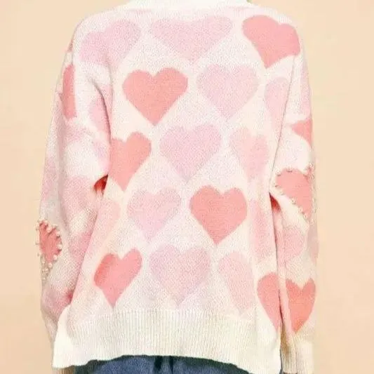 Gentle | Heart Pearl Side Slit V Neck Sweater