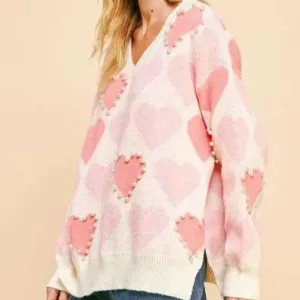 Gentle | Heart Pearl Side Slit V Neck Sweater
