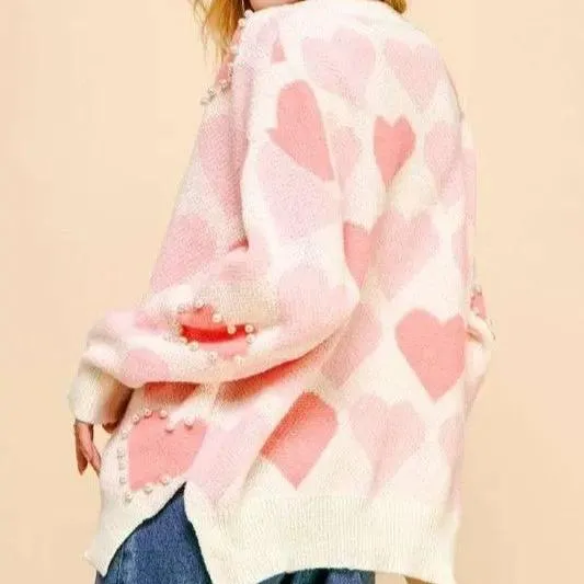 Gentle | Heart Pearl Side Slit V Neck Sweater