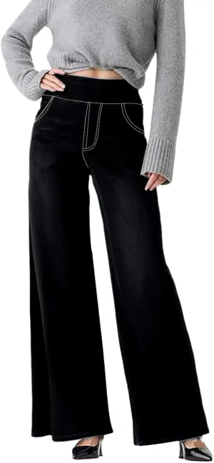 GIERIDUC Stretch Jeans for Women Retro Wide Leg Elastic High Waisted Loose Casual Look Like Jeans Sweatpants with Pockets