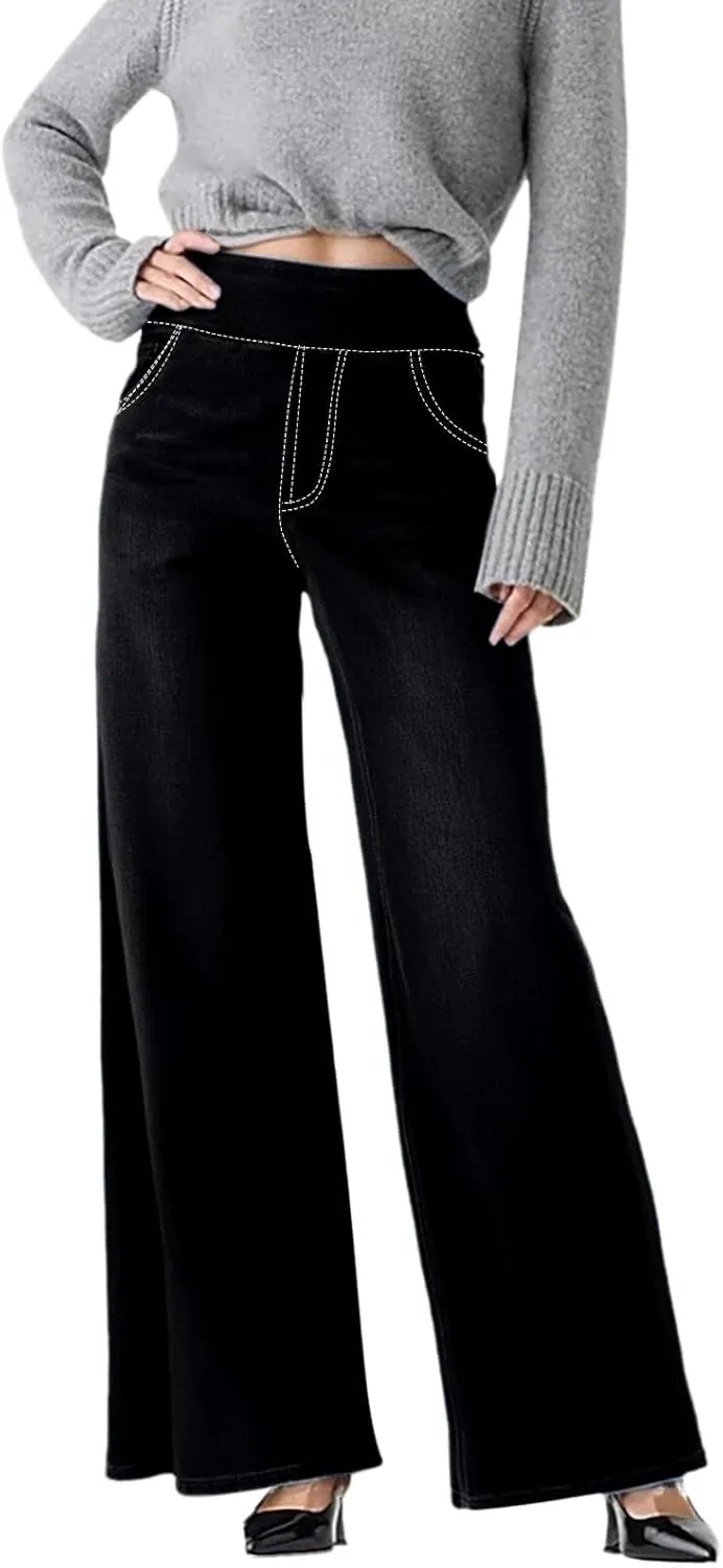 GIERIDUC Stretch Jeans for Women Retro Wide Leg Elastic High Waisted Loose Casual Look Like Jeans Sweatpants with Pockets