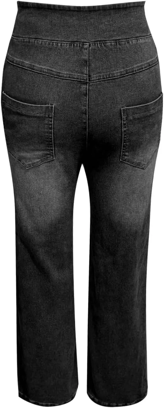 GIERIDUC Stretch Jeans for Women Retro Wide Leg Elastic High Waisted Loose Casual Look Like Jeans Sweatpants with Pockets