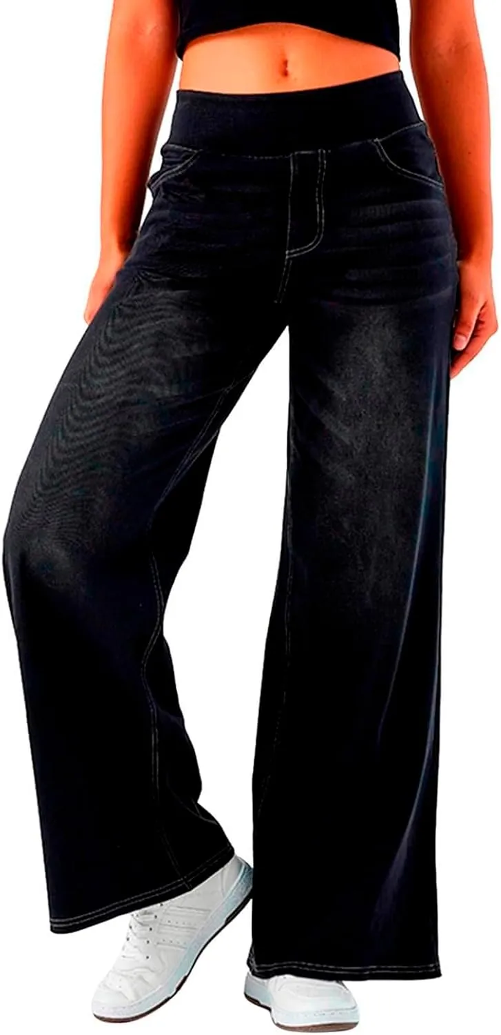 GIERIDUC Stretch Jeans for Women Retro Wide Leg Elastic High Waisted Loose Casual Look Like Jeans Sweatpants with Pockets