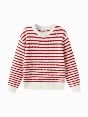 Girls' Red and White Striped Crew Neck Sweater