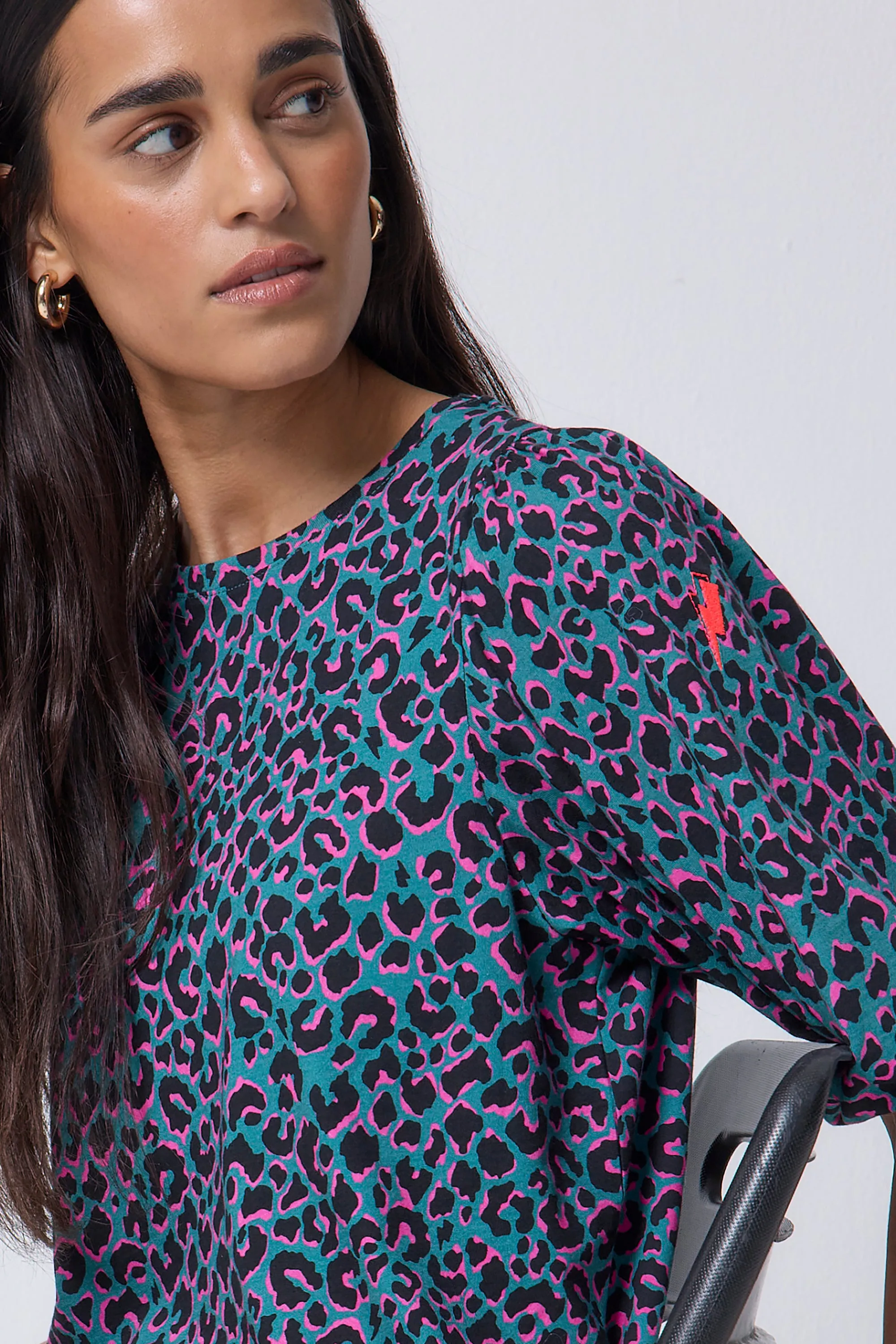 Green with Pink and Black Shadow Leopard Puff Sleeve T-Shirt