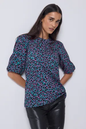 Green with Pink and Black Shadow Leopard Puff Sleeve T-Shirt