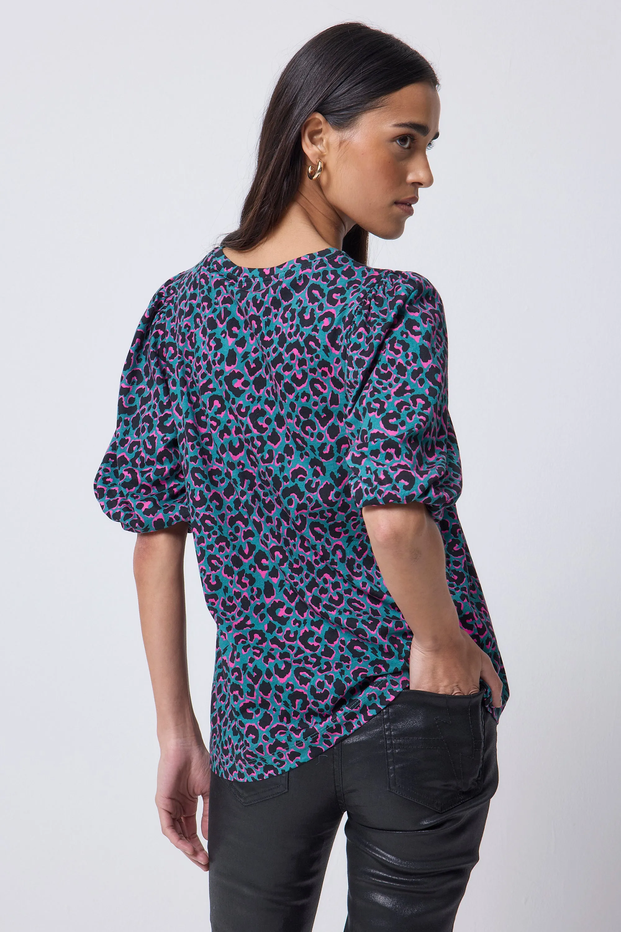 Green with Pink and Black Shadow Leopard Puff Sleeve T-Shirt