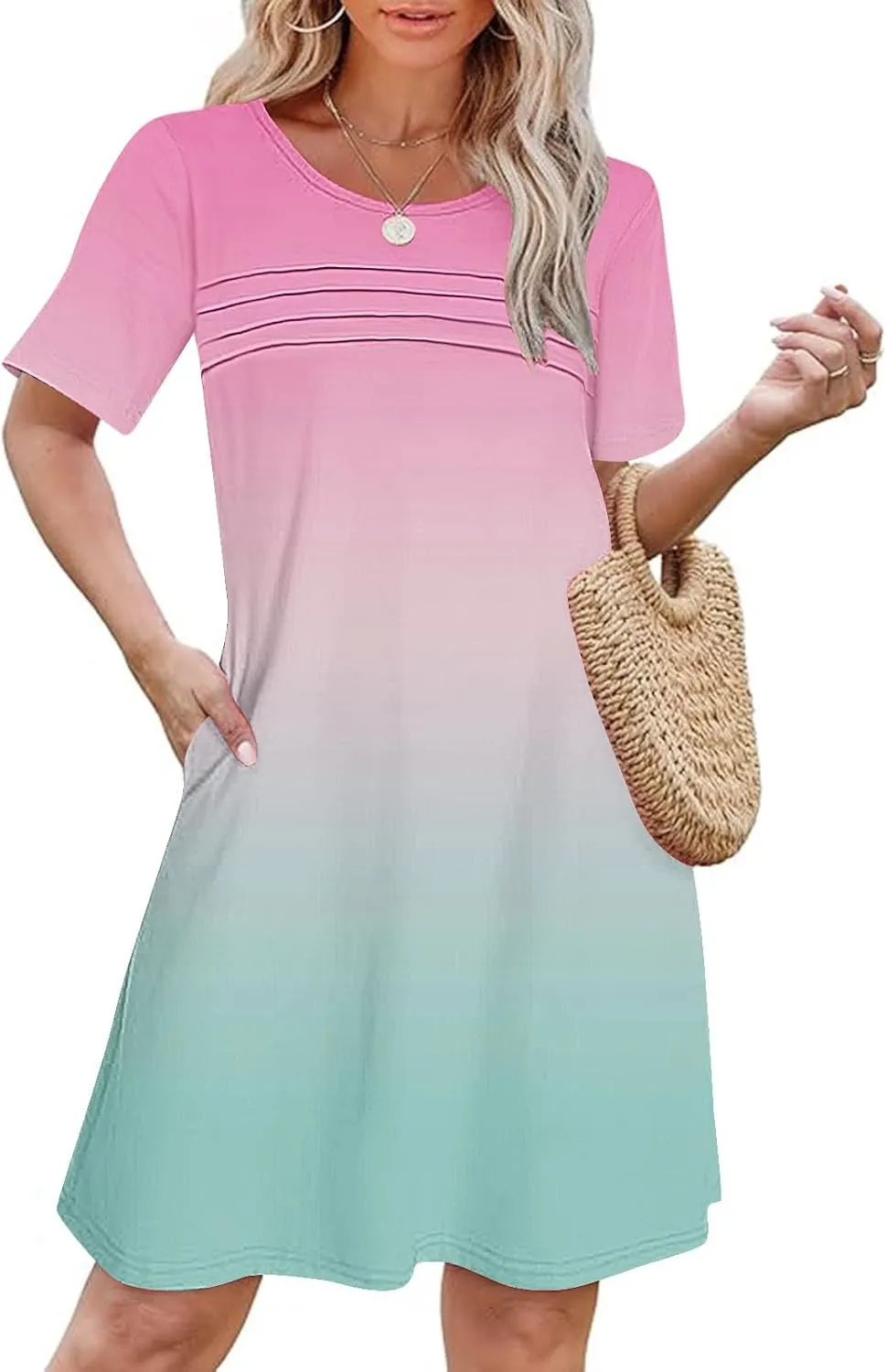 hlysgo Summer Dresses for Women 2025 Trendy Tie-Dye Print Short Sleeve Crew Neck Ruched Dress Beach Mini Dress with Pockets