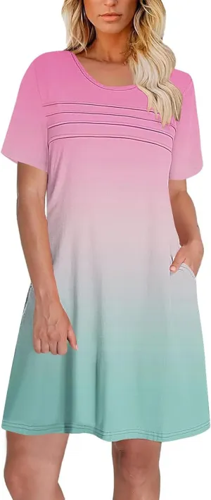 hlysgo Summer Dresses for Women 2025 Trendy Tie-Dye Print Short Sleeve Crew Neck Ruched Dress Beach Mini Dress with Pockets