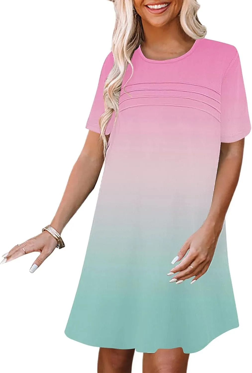 hlysgo Summer Dresses for Women 2025 Trendy Tie-Dye Print Short Sleeve Crew Neck Ruched Dress Beach Mini Dress with Pockets