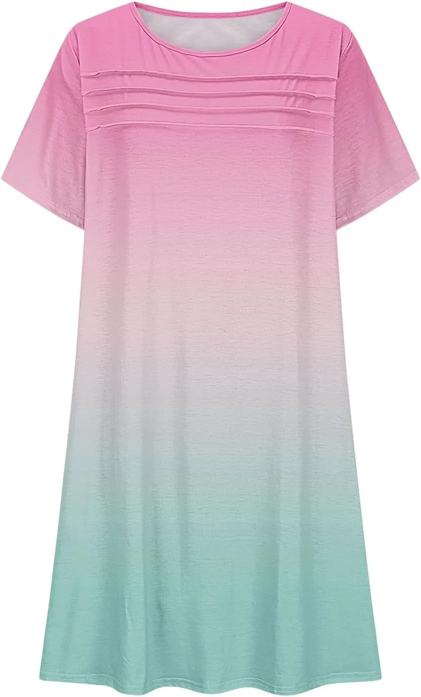 hlysgo Summer Dresses for Women 2025 Trendy Tie-Dye Print Short Sleeve Crew Neck Ruched Dress Beach Mini Dress with Pockets