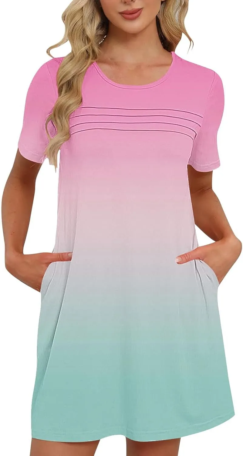 hlysgo Summer Dresses for Women 2025 Trendy Tie-Dye Print Short Sleeve Crew Neck Ruched Dress Beach Mini Dress with Pockets